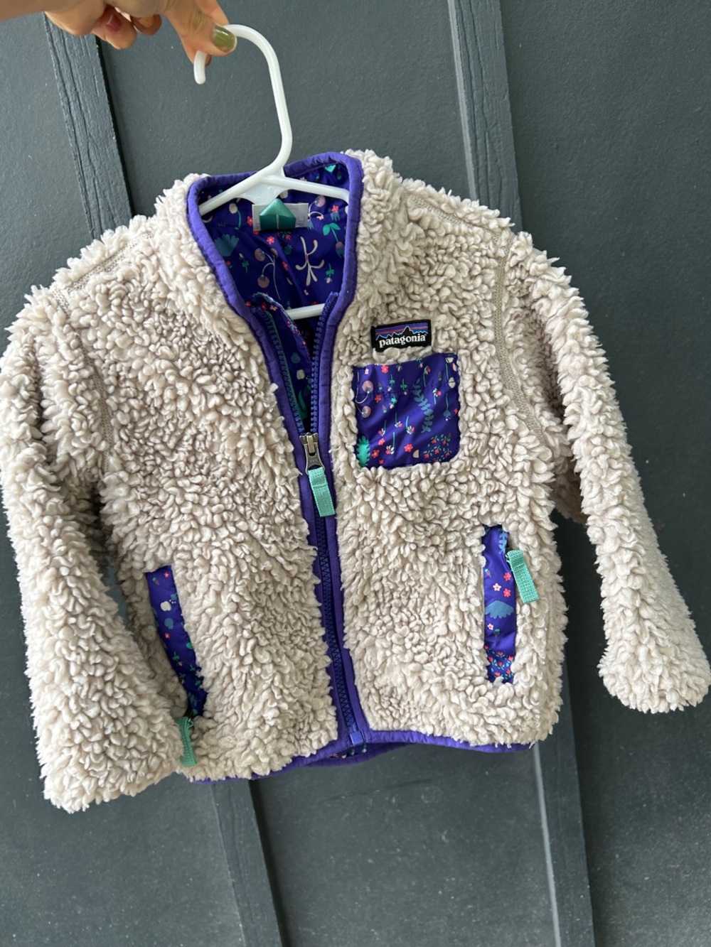 Patagonia Sherpa and Floral Jacket with Purple Trim 2T